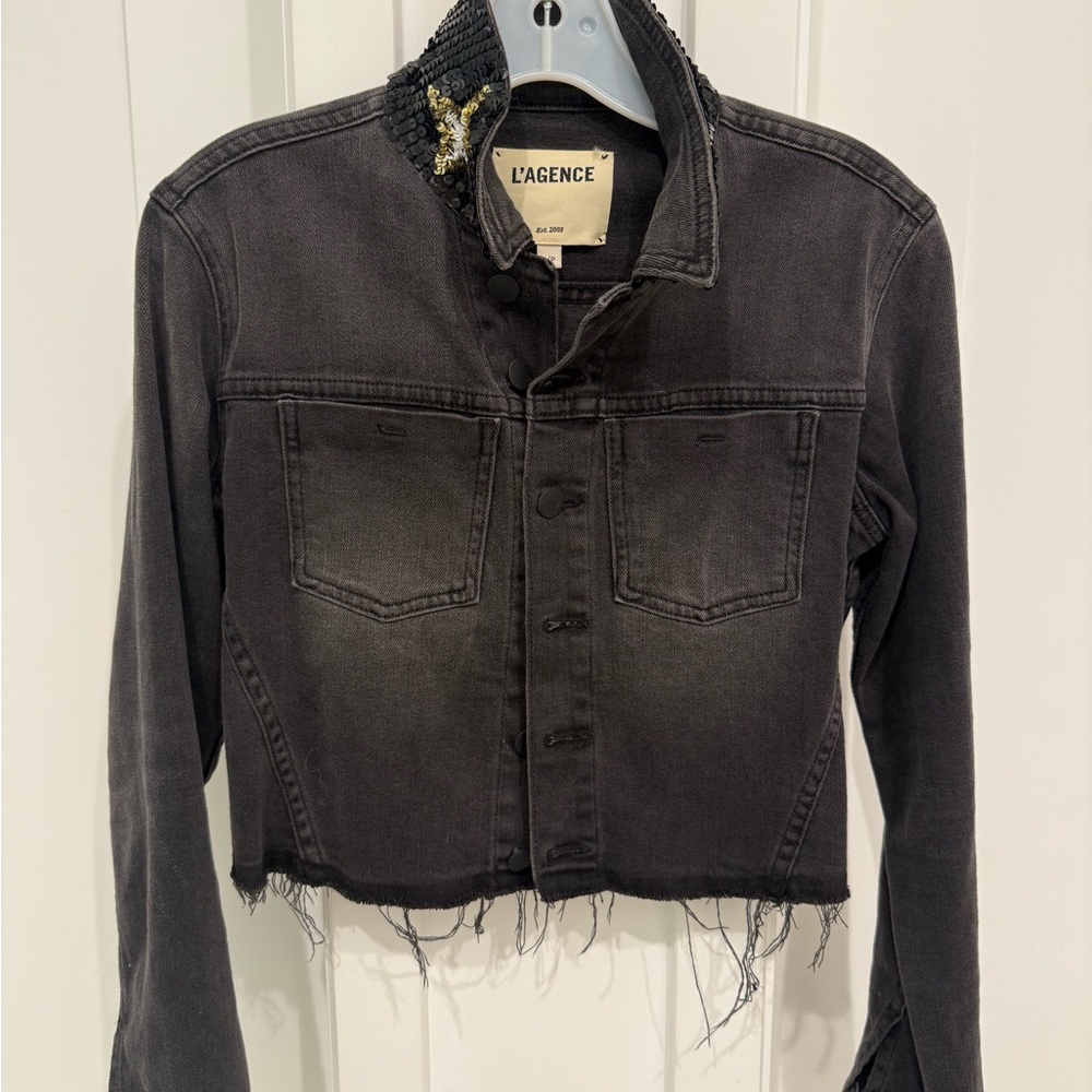 L'AGENCE Zuma Black denim jacket with sequin star embellishment